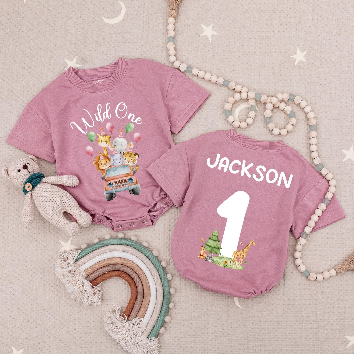 Wild One Birthday Romper Custom Name Safari Animals First Birthday Babysuit Zoo Theme Personalized Number One Bodysuit Baby Boy Jungle Party (135 chars)
