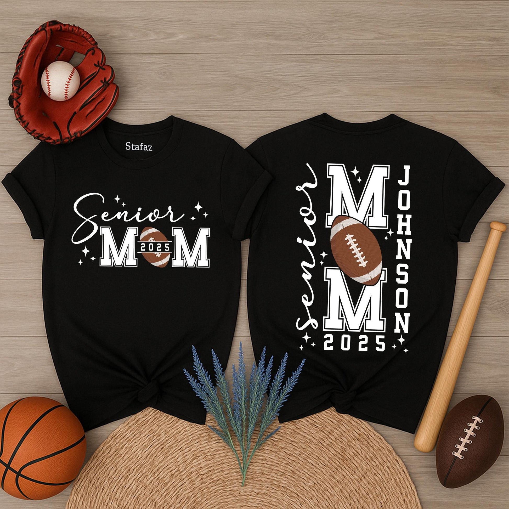 Personalized Senior Football Mom 2025 T-Shirt with Player Name and Number Two-Sided Design Comfortable Game Day Shirt for Senior Graduation