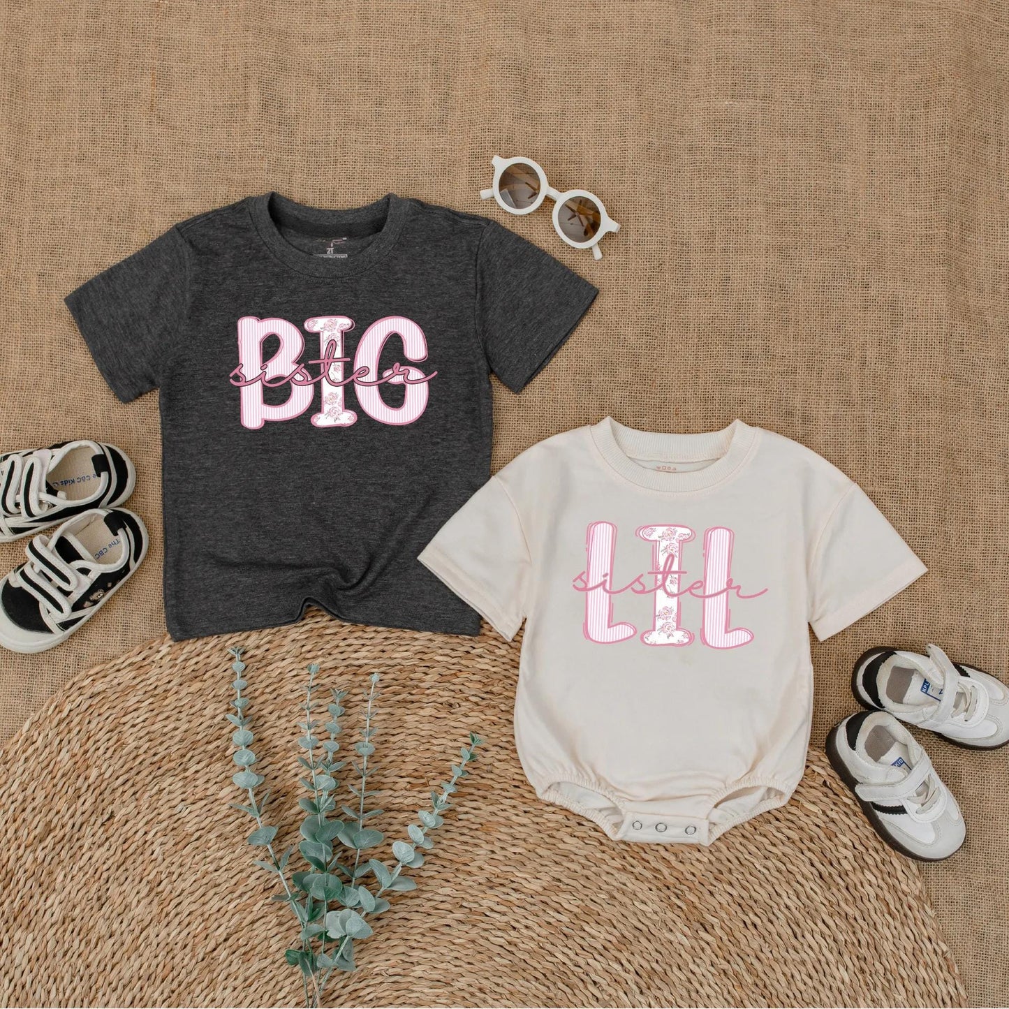 Big Sister Lil Sister Matching Outfit, Cute Baby Bodysuit & Toddler Shirt Set, Trendy Sibling Reveal Gift for Girls, Pink & White, Comfy Cotton (139 chars)