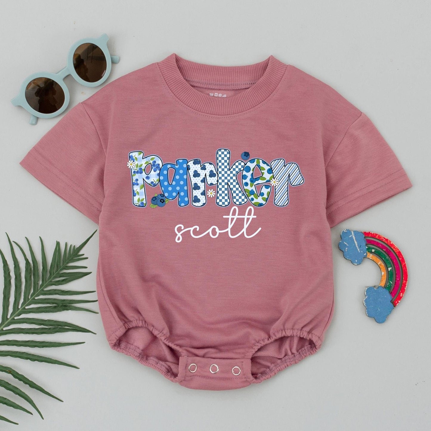 Custom Parker Scott Blueberry Bubble Romper for Baby Girl or Boy Cheerful Blue Patterned Newborn Outfit Baby Shower Gift