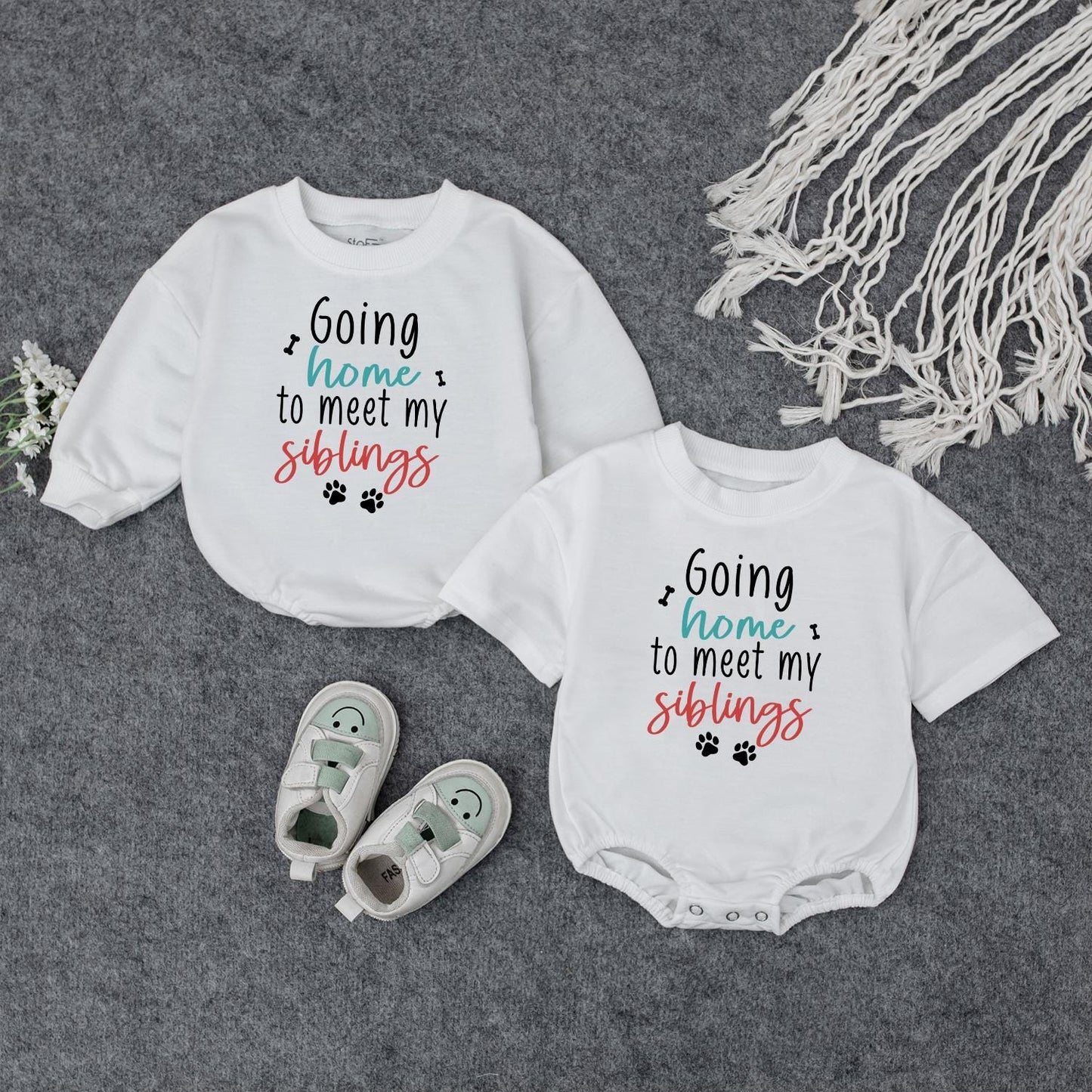 Going Home to Meet Siblings Outfit | Newborn Baby Bodysuit, Gender Neutral, Cute Paw Prints, New Best Friend Coming Home Outfit, Turquoise & Red 139