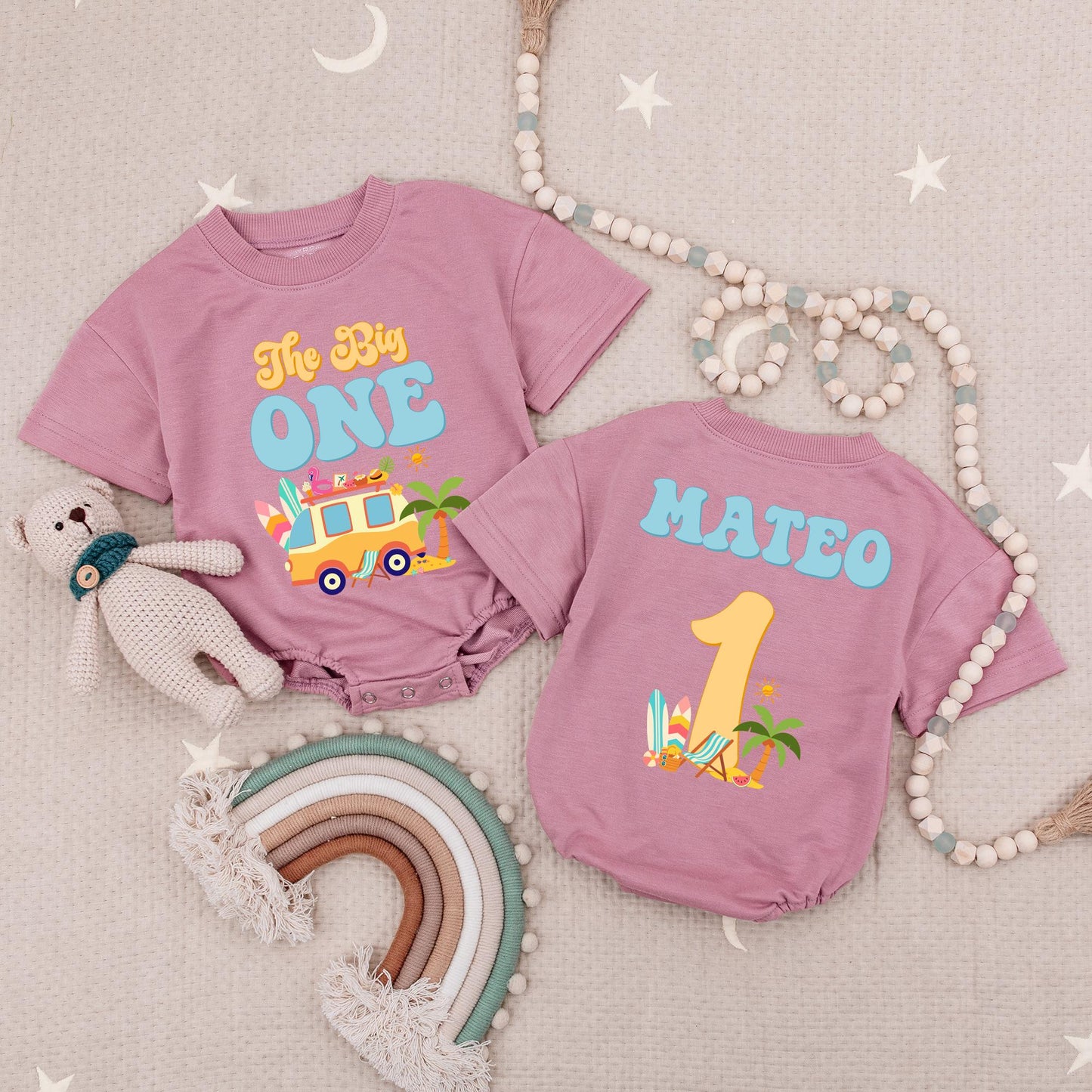 Personalized Mateo The Big One Retro Surf Bus Birthday Romper for Baby Boy First Birthday Catch Wave Outfit Summer Style