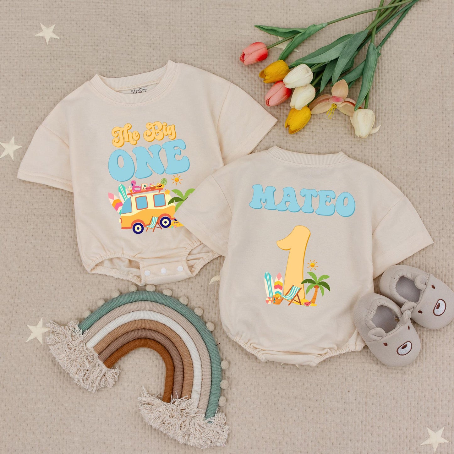 Personalized Mateo The Big One Retro Surf Bus Birthday Romper for Baby Boy First Birthday Catch Wave Outfit Summer Style