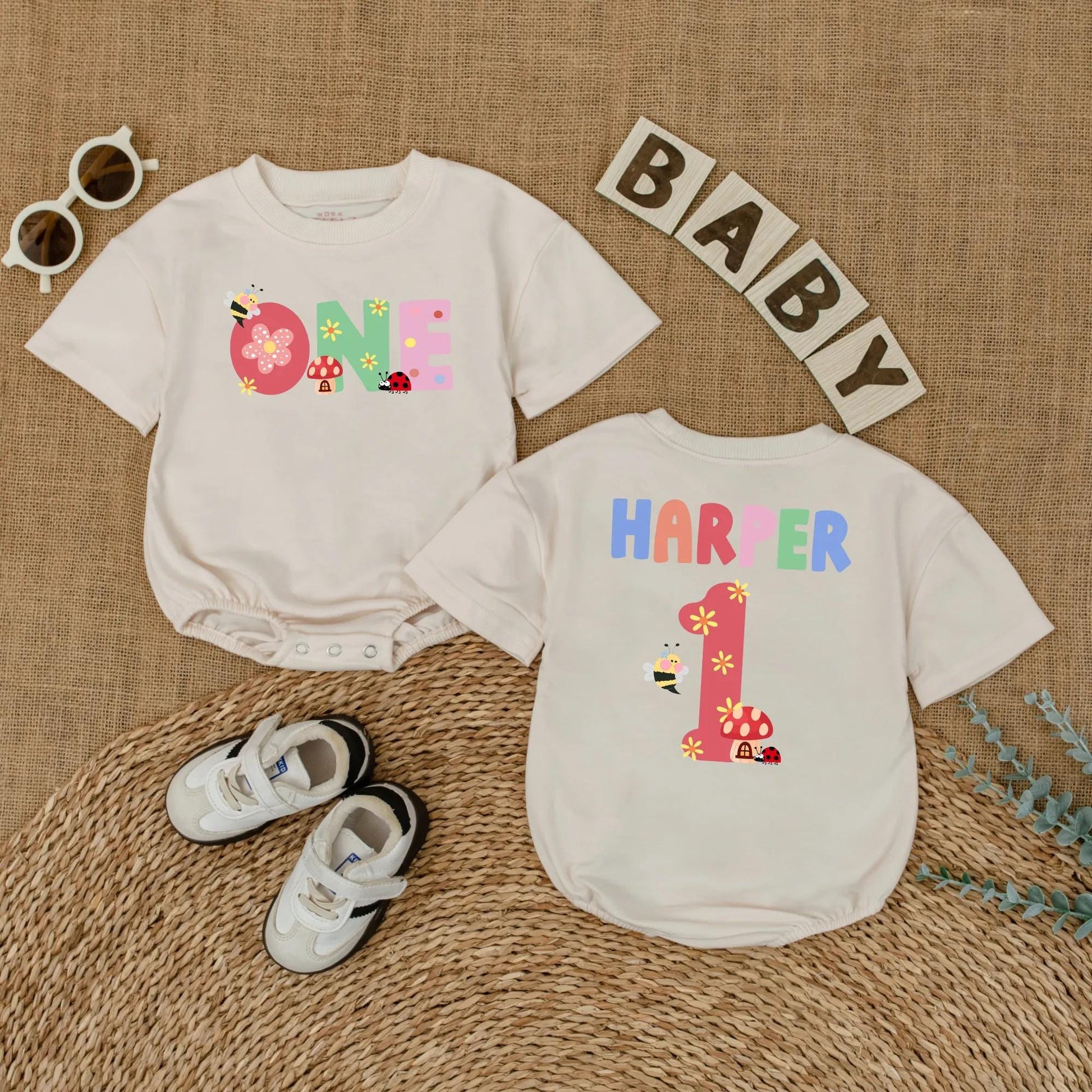 Personalized Baby Girl First Birthday Romper Summer Bug Bodysuit Cake Smash Outfit Cute Ladybug Wildflower Garden Party Gift