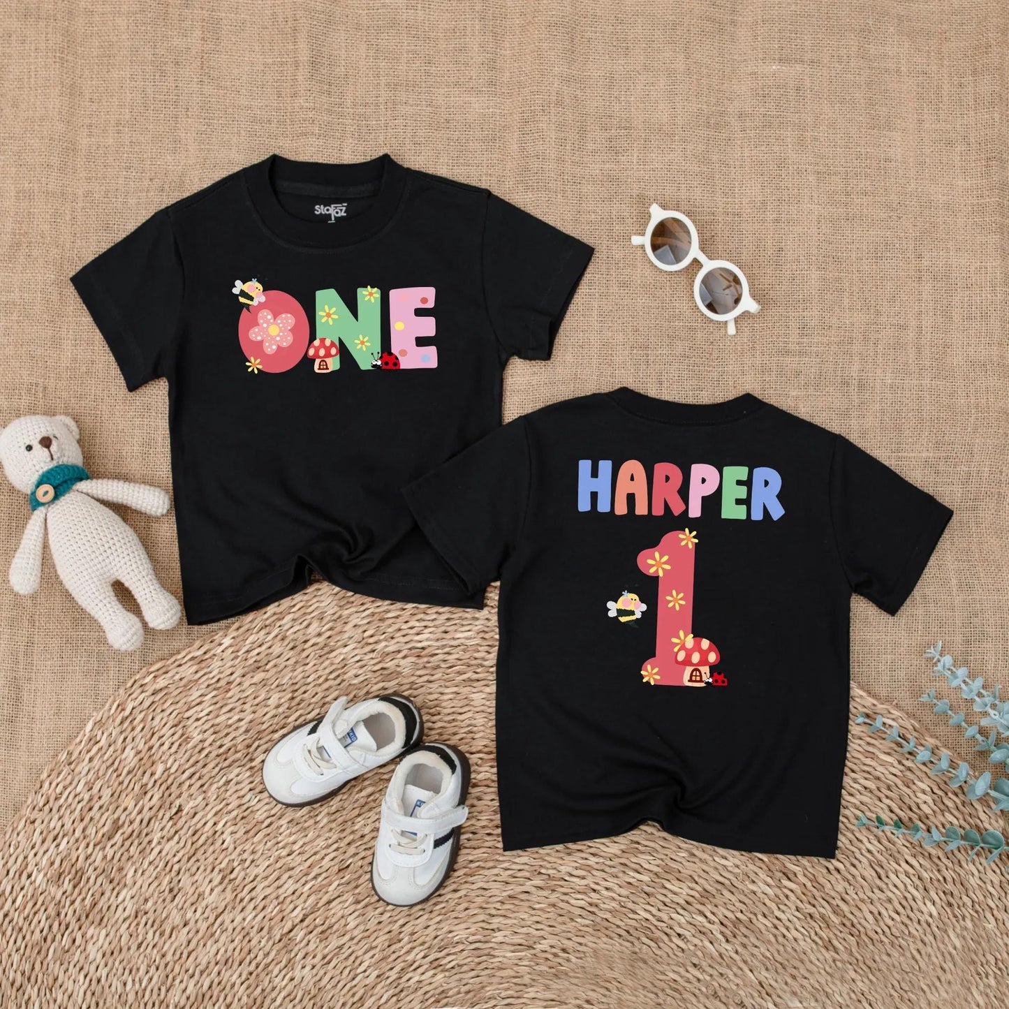 Personalized Baby Girl First Birthday Romper Summer Bug Bodysuit Cake Smash Outfit Cute Ladybug Wildflower Garden Party Gift
