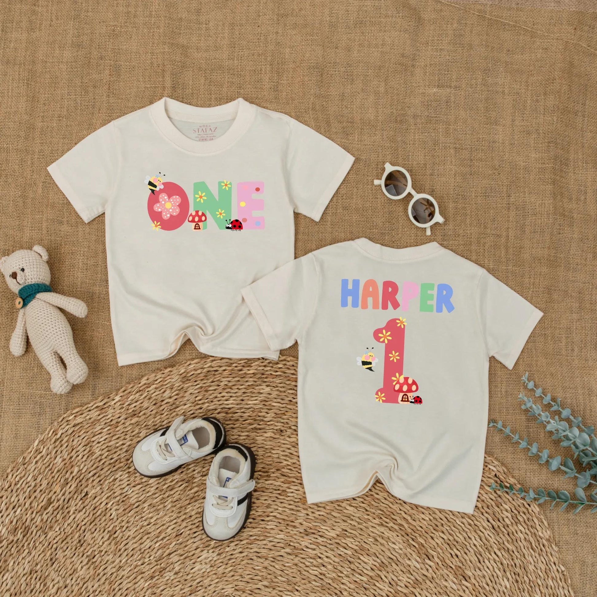 Personalized Baby Girl First Birthday Romper Summer Bug Bodysuit Cake Smash Outfit Cute Ladybug Wildflower Garden Party Gift