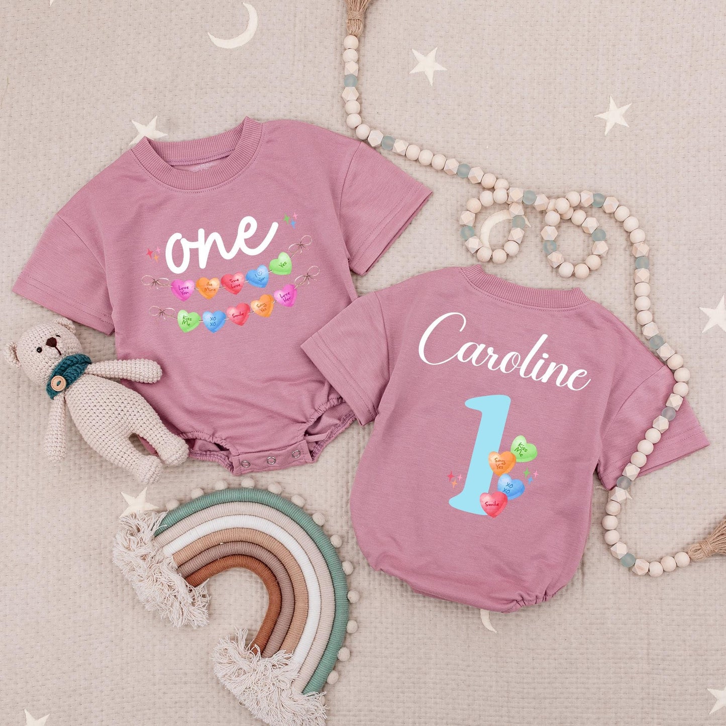 Personalized Candy Hearts First Birthday Romper for Baby Girl with Pastel Love You Be Mine Messages One Year Old Babysuit