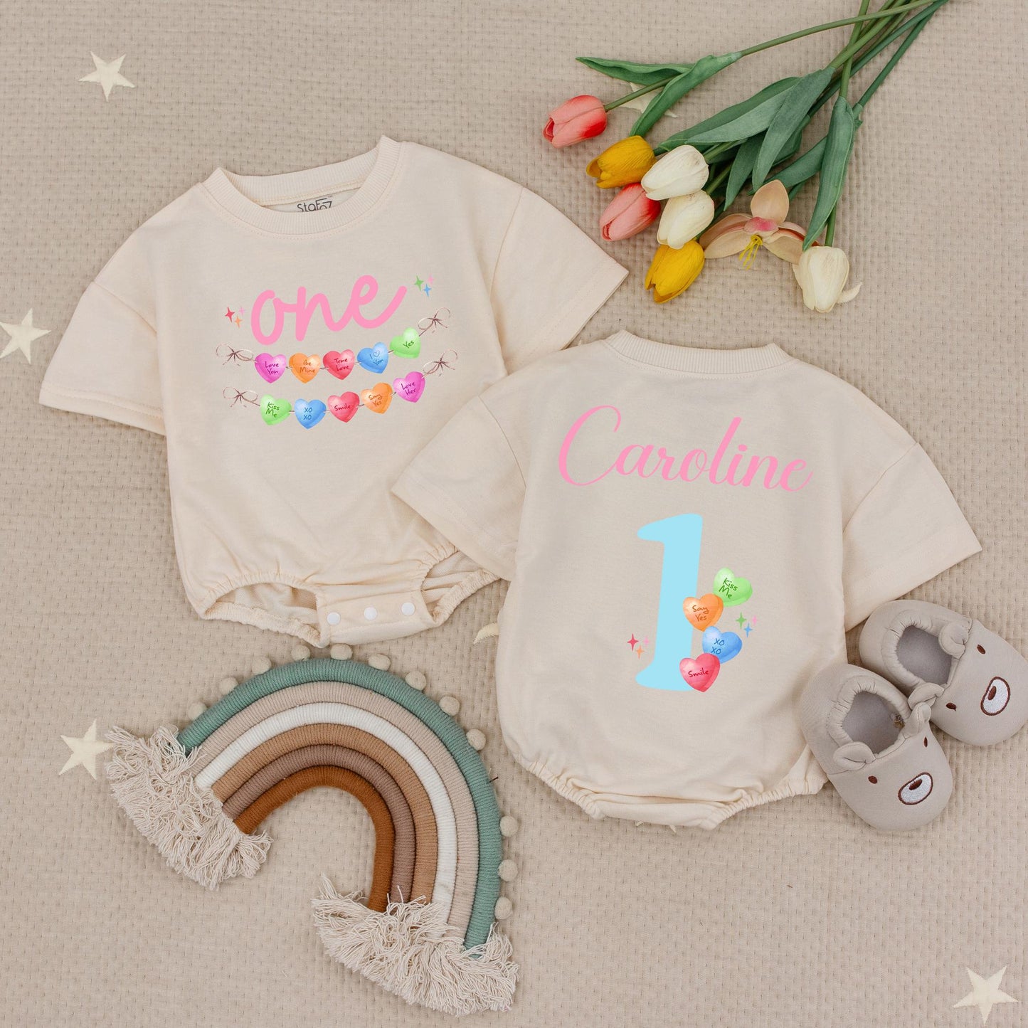 Personalized Candy Hearts First Birthday Romper for Baby Girl with Pastel Love You Be Mine Messages One Year Old Babysuit