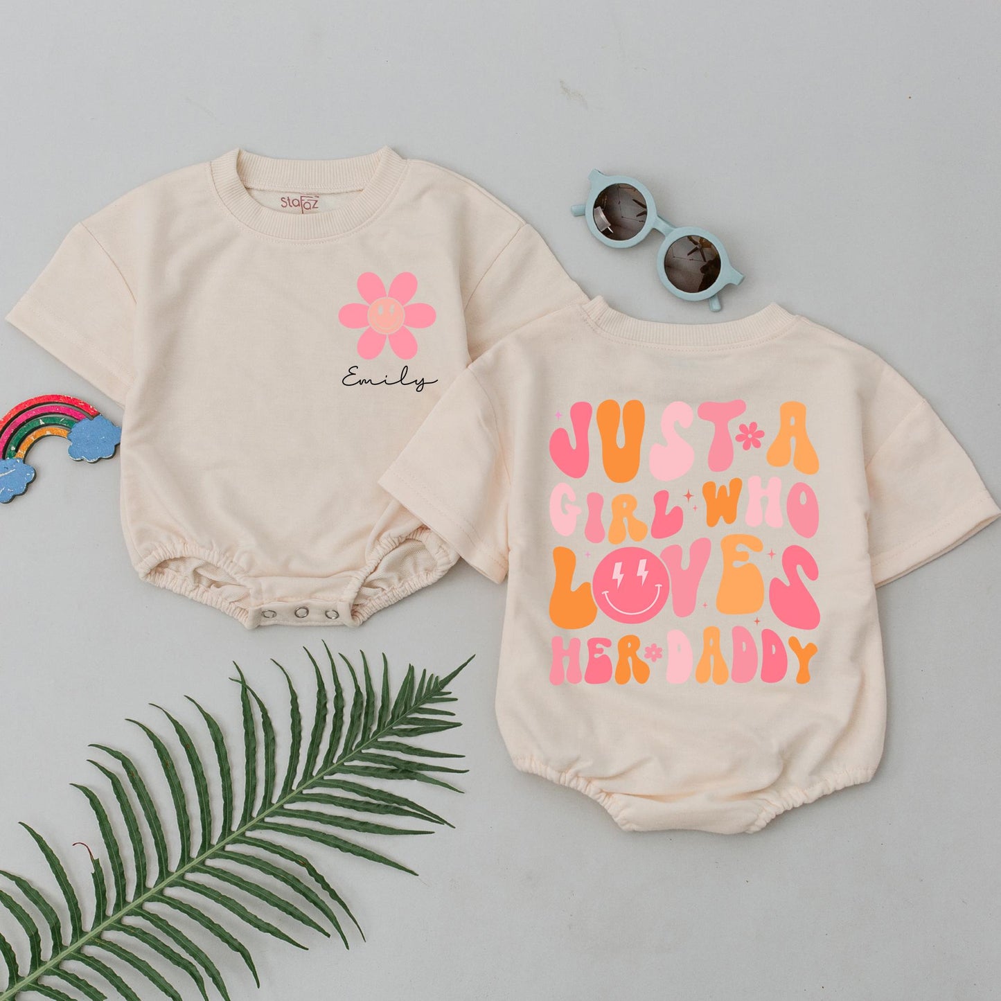 Daddy's Girl Romper: A Sweet First Father's Day Gift for Baby Emily, Featuring Smiley Flower & Cheerful Graphics—Modern Infant Outfit, Shower Present (139 chars)