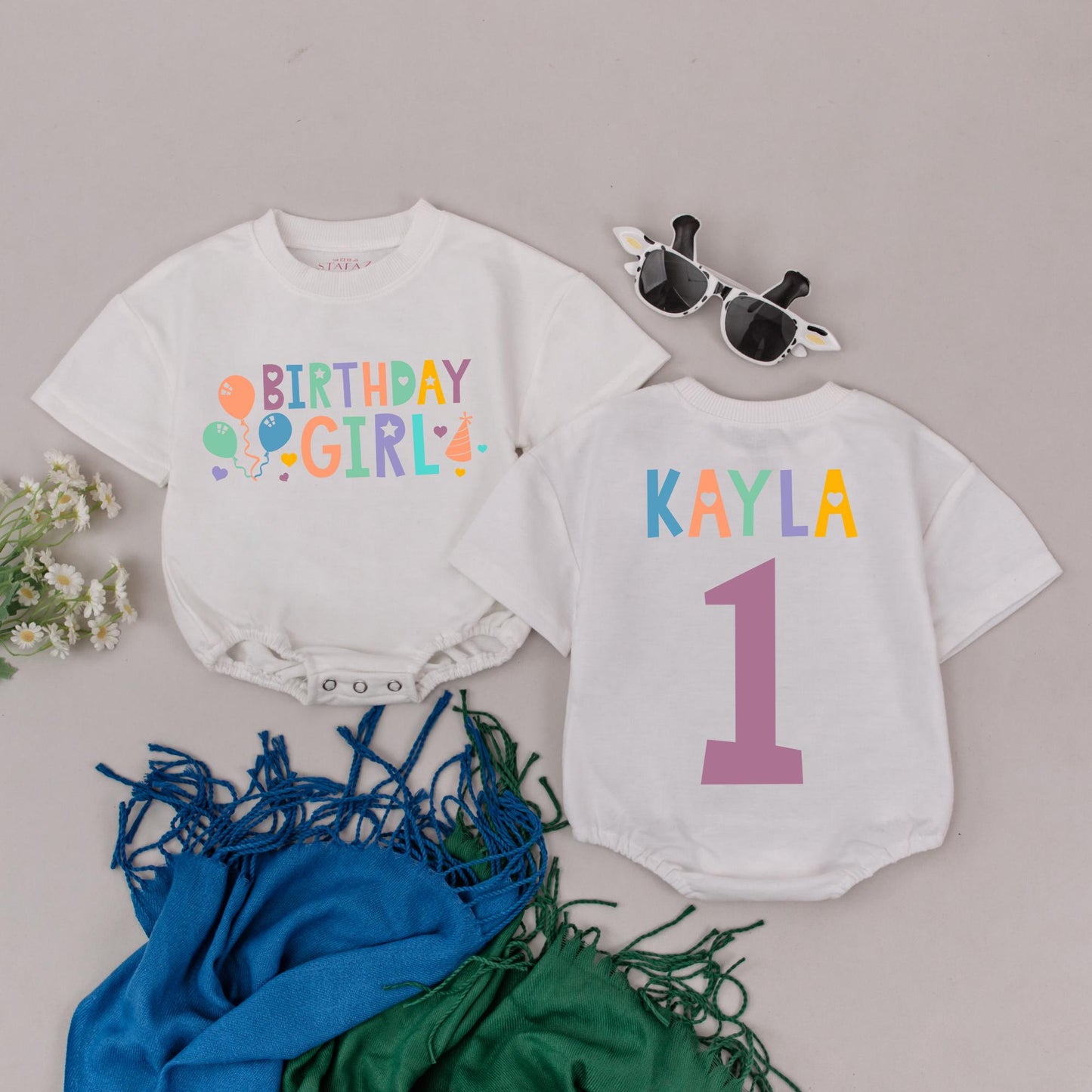 Personalized First Birthday Girl Romper Colorful Name Baby Bodysuit First Birthday Outfit Cake Smash Gift for Infant