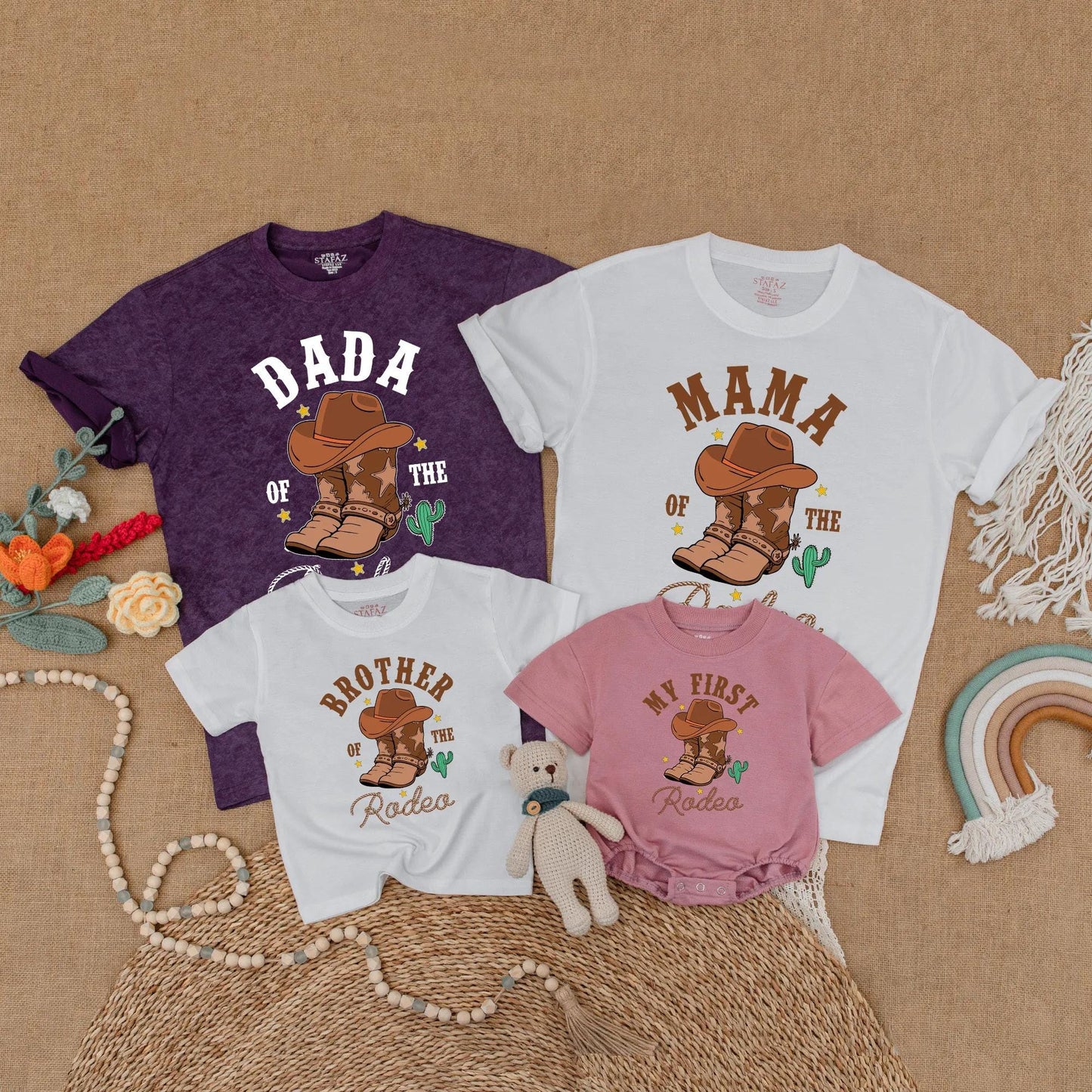Dada Mama Brother My First Rodeo Birthday Matching Family Shirts Western Cowboy Boots Cactus Stars Rope Font