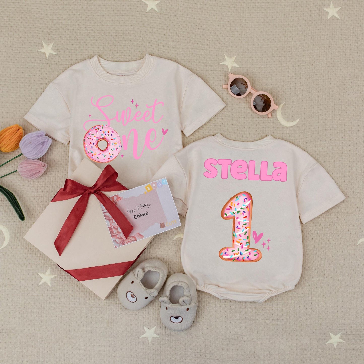 Sweet One Donut Birthday Baby Romper Pink Donut Sprinkle "Sweet One" Girl First Birthday Outfit