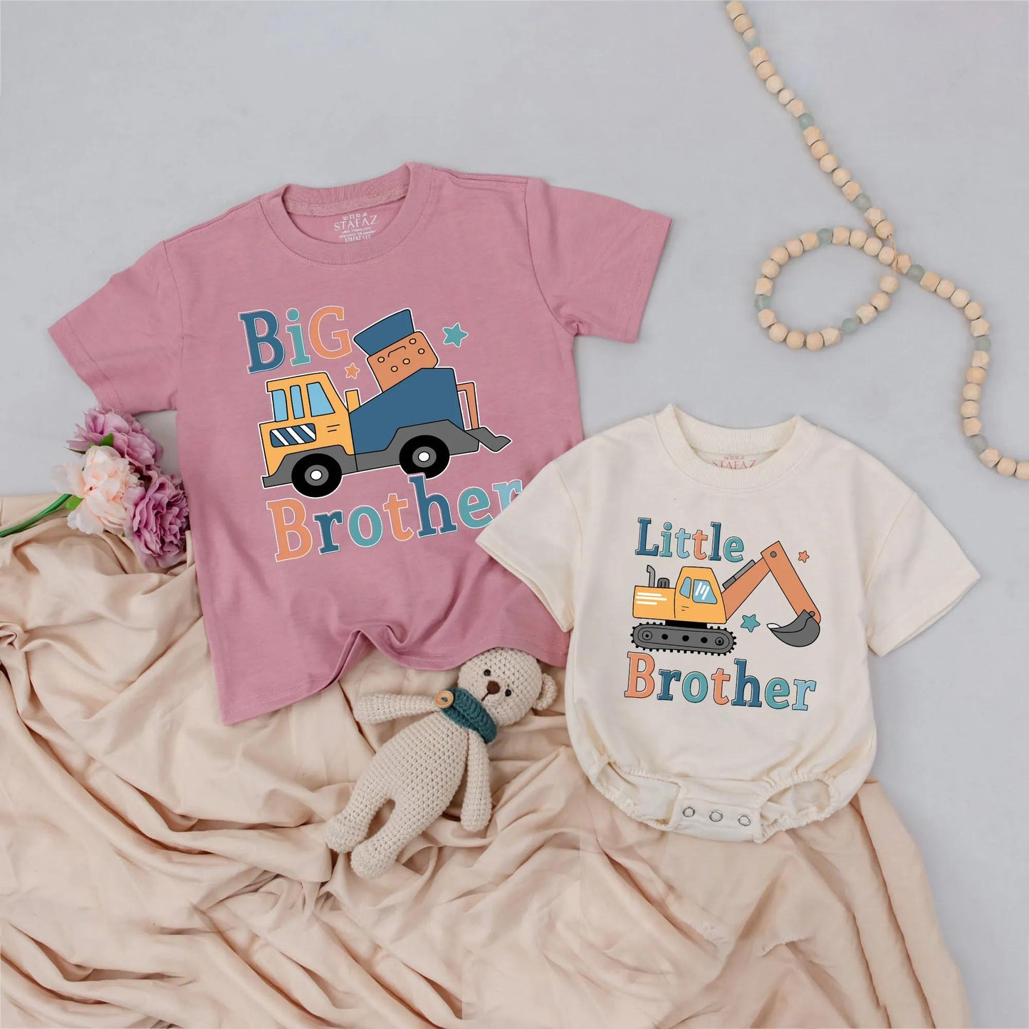 Matching Big Brother Little Brother Construction Truck Shirts Boy Birthday Gift Outfit Baby Toddler Clothes, Digger Design