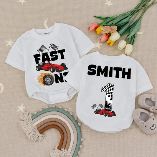 Fast One Race Car 1st Birthday Baby Romper Set, Checkered Flag Bodysuit, Personalized Smith Outfit, Boy First Birthday Gift, Soft Cotton 130