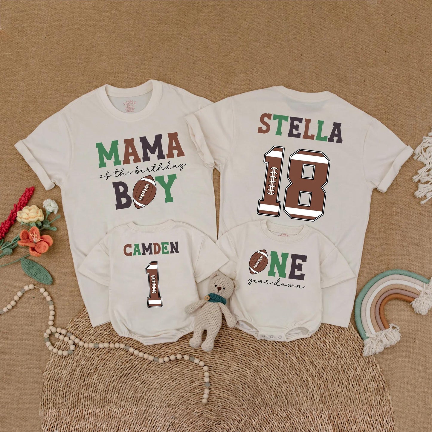 Football First Birthday Matching Family Shirts, Custom Name Number One Year Old Outfit, Birthday Boy Romper, First Birthday Party Gift, Sports Theme (138 chars)