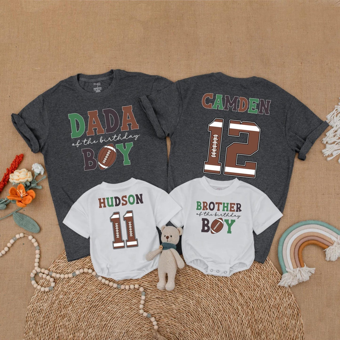 Football First Birthday Matching Family Shirts, Custom Name Number One Year Old Outfit, Birthday Boy Romper, First Birthday Party Gift, Sports Theme (138 chars)