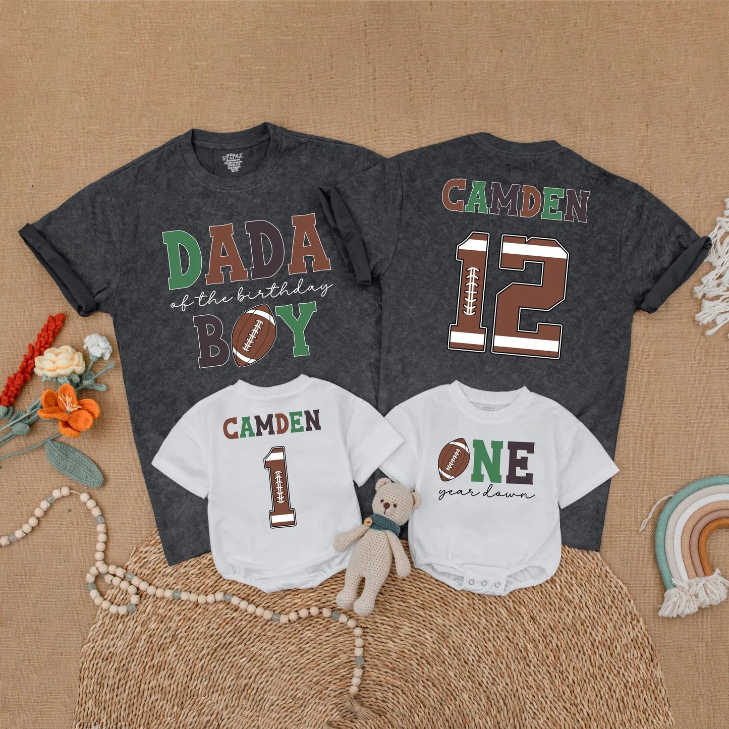 Football First Birthday Matching Family Shirts, Custom Name Number One Year Old Outfit, Birthday Boy Romper, First Birthday Party Gift, Sports Theme (138 chars)