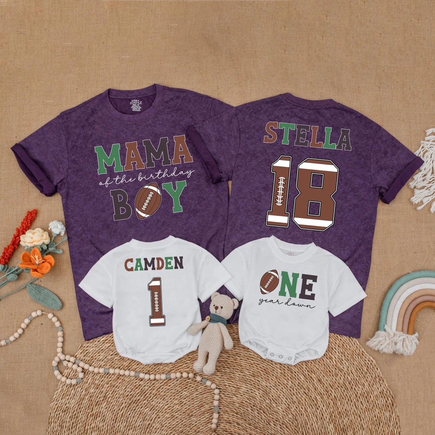 Football First Birthday Matching Family Shirts, Custom Name Number One Year Old Outfit, Birthday Boy Romper, First Birthday Party Gift, Sports Theme (138 chars)