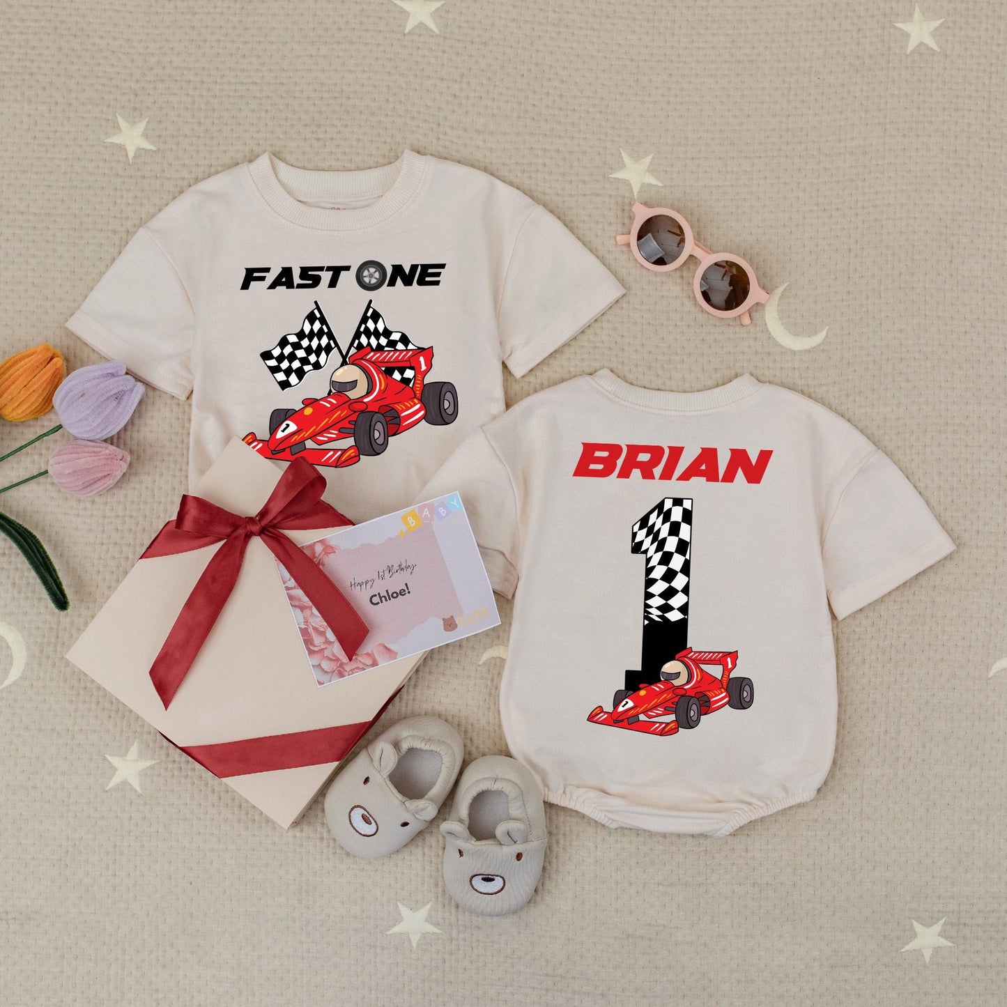 Fast One 1st Birthday Race Car Baby Romper with Checkered Flag Design, Number One Brian Racing Theme Outfit for Boys Infant Celebration