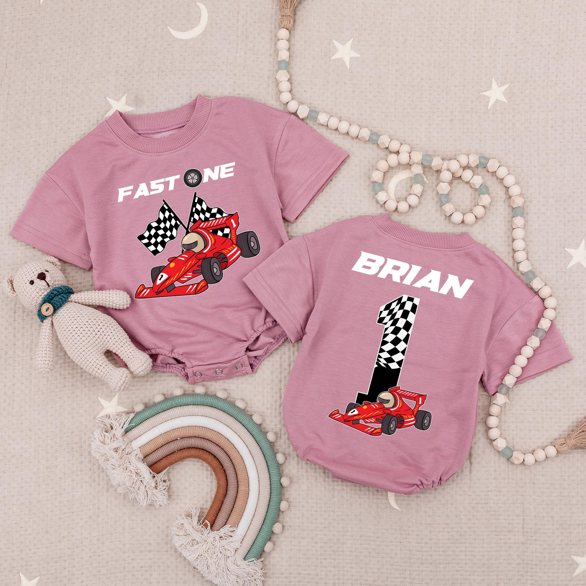 Fast One 1st Birthday Race Car Baby Romper with Checkered Flag Design, Number One Brian Racing Theme Outfit for Boys Infant Celebration