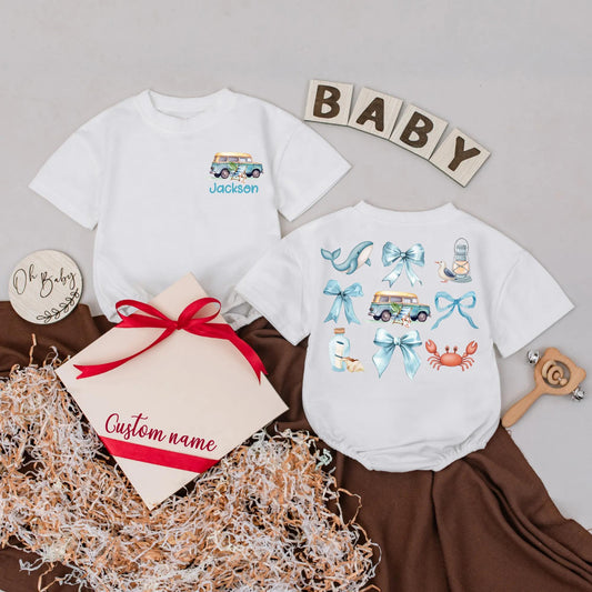 Custom Beach Bubble Romper for Baby Blue Bow Crab Summer Van Bodysuit Personalized Name Beach Baby Outfit Cute Seaside Gift