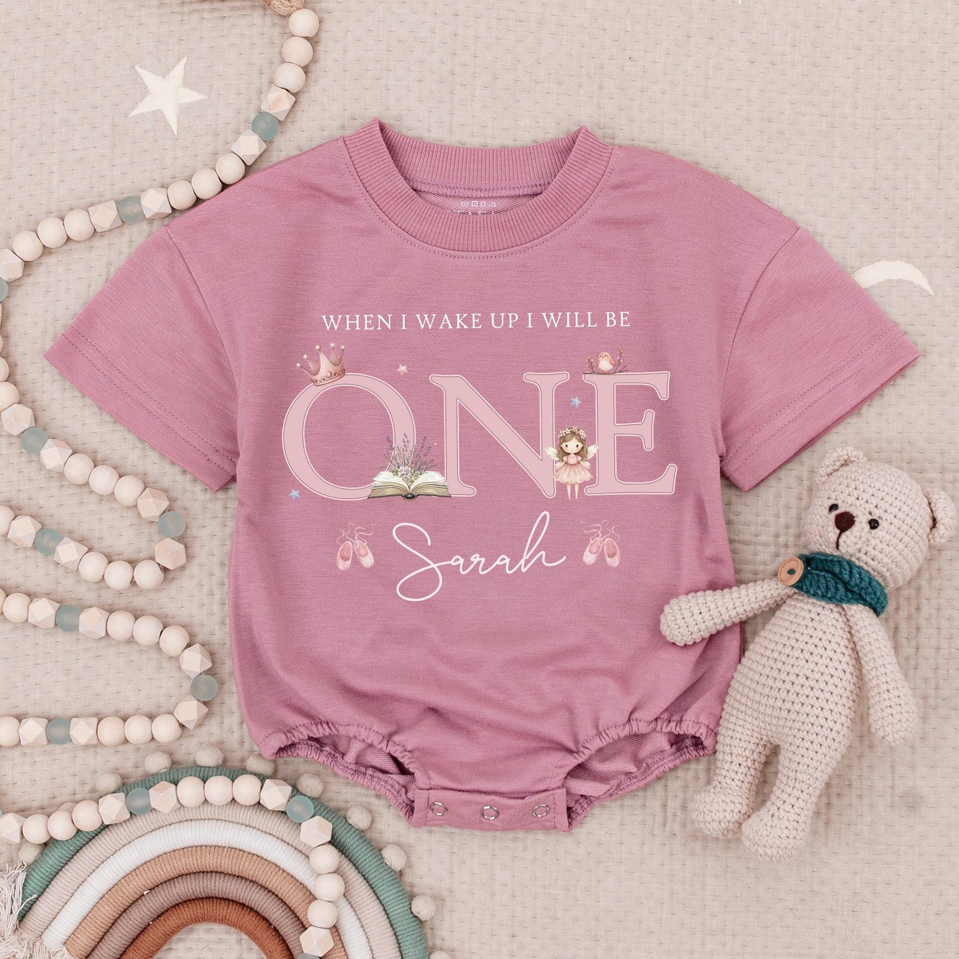 When I Wake Up I Will Be One Cute Pink Fairy Crown Romper Personalized Sarah First Birthday Outfit Baby Girl Gift