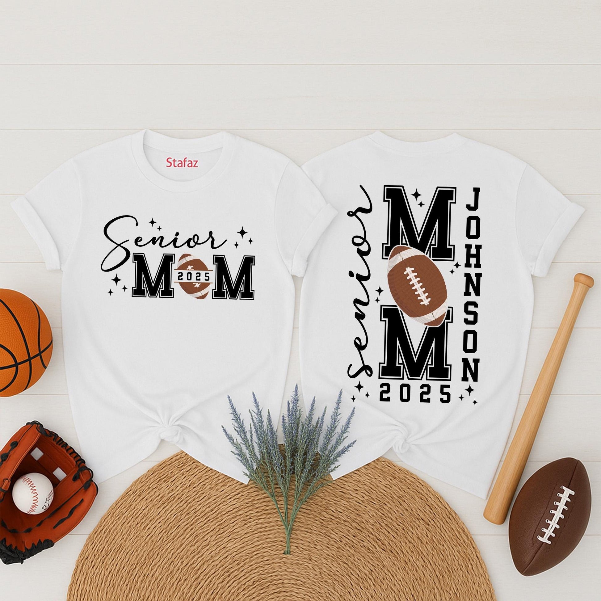 Personalized Senior Football Mom 2025 T-Shirt with Player Name and Number Two-Sided Design Comfortable Game Day Shirt for Senior Graduation