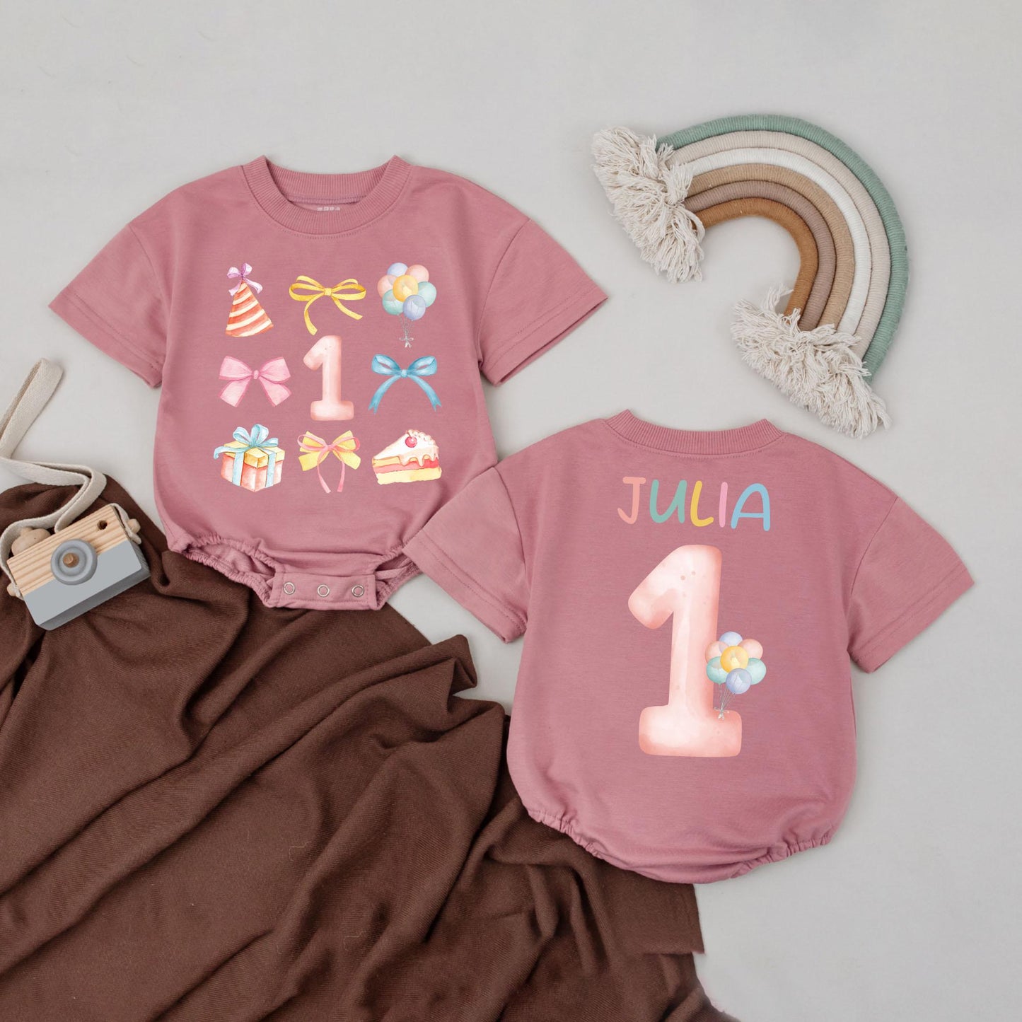Custom First Birthday Shirt for Girls with Colorful Balloon Bow Design Personalized Name One Year Old Toddler Tee