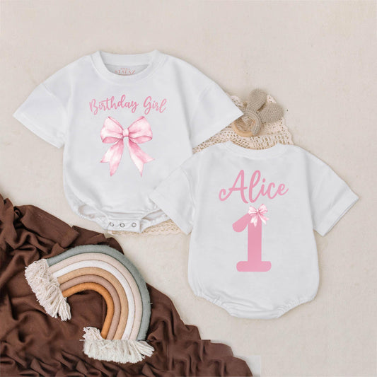 Personalized Bow Birthday Romper for Baby Girl - Retro Outfit with Bubble Design, Cute First Birthday Clothes, Baby Shower Gift