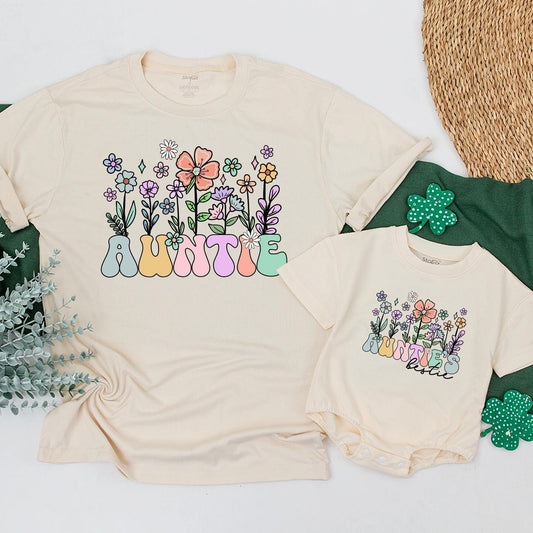 Auntie & Bestie Wildflower Matching Shirts Boho Baby Bodysuit Outfit Gift for Niece