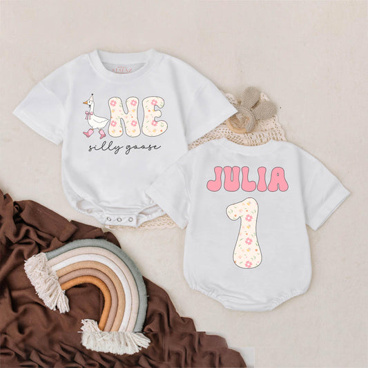 Silly Goose Birthday Romper Floral Pastel Custom Name Bubble Outfit First Birthday Girl Baby Shower Gift