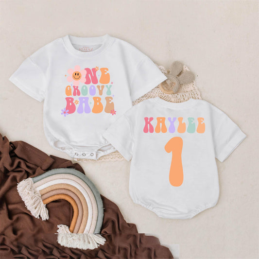 Groovy Babe First Birthday Romper Personalized Name Retro Baby Girl Outfit Flower Power 1st Birthday Gift Custom Baby Girl Clothes