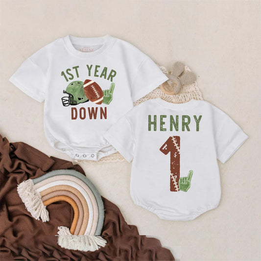 One Year Down Bubble Romper Custom Name First Birthday Outfit Baby Sports Birthday Gift Game Day Football Celebration