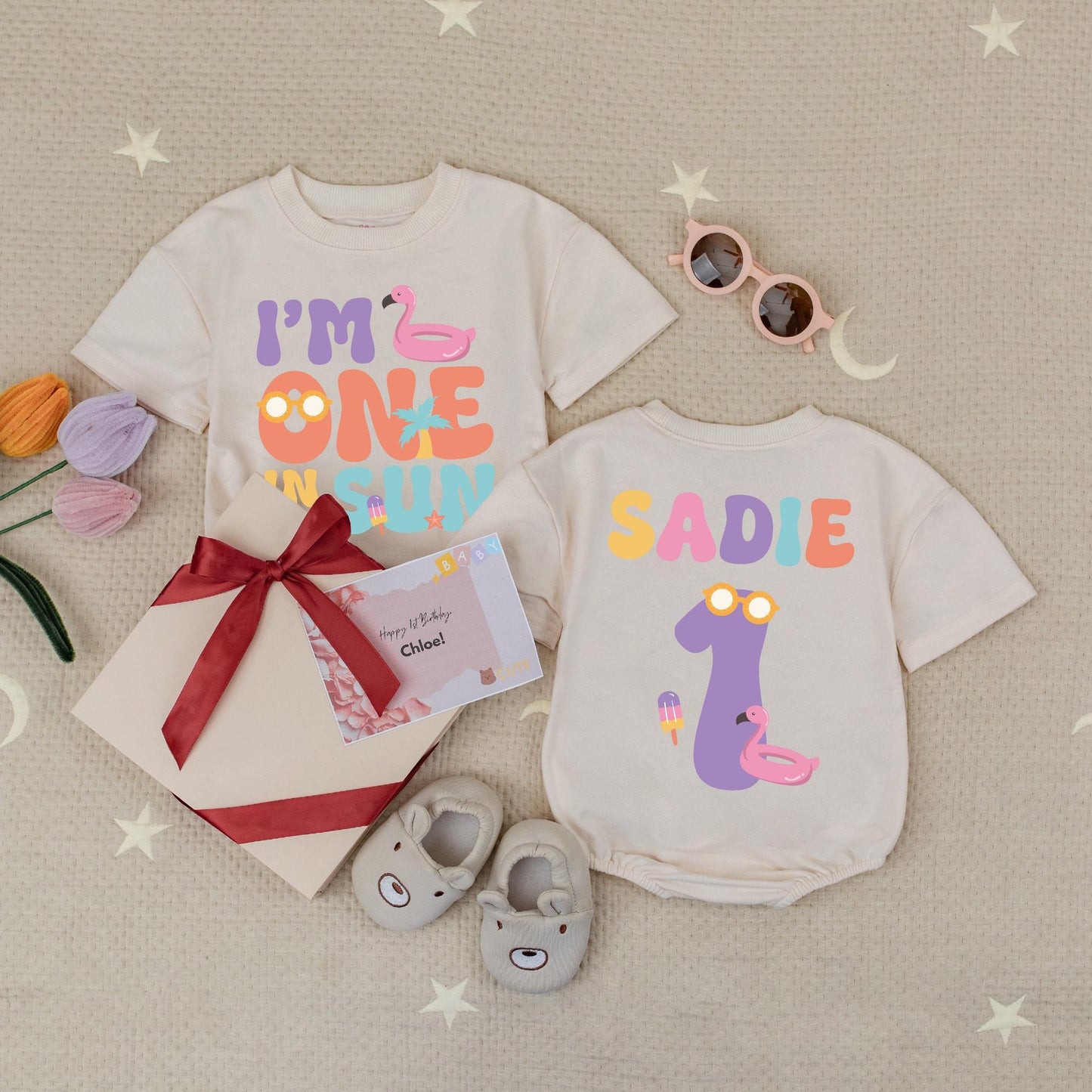 Personalized Sadie "One in the Sun" 1st Birthday Romper Girl Tropical Flamingo Pool Party Outfit Summer