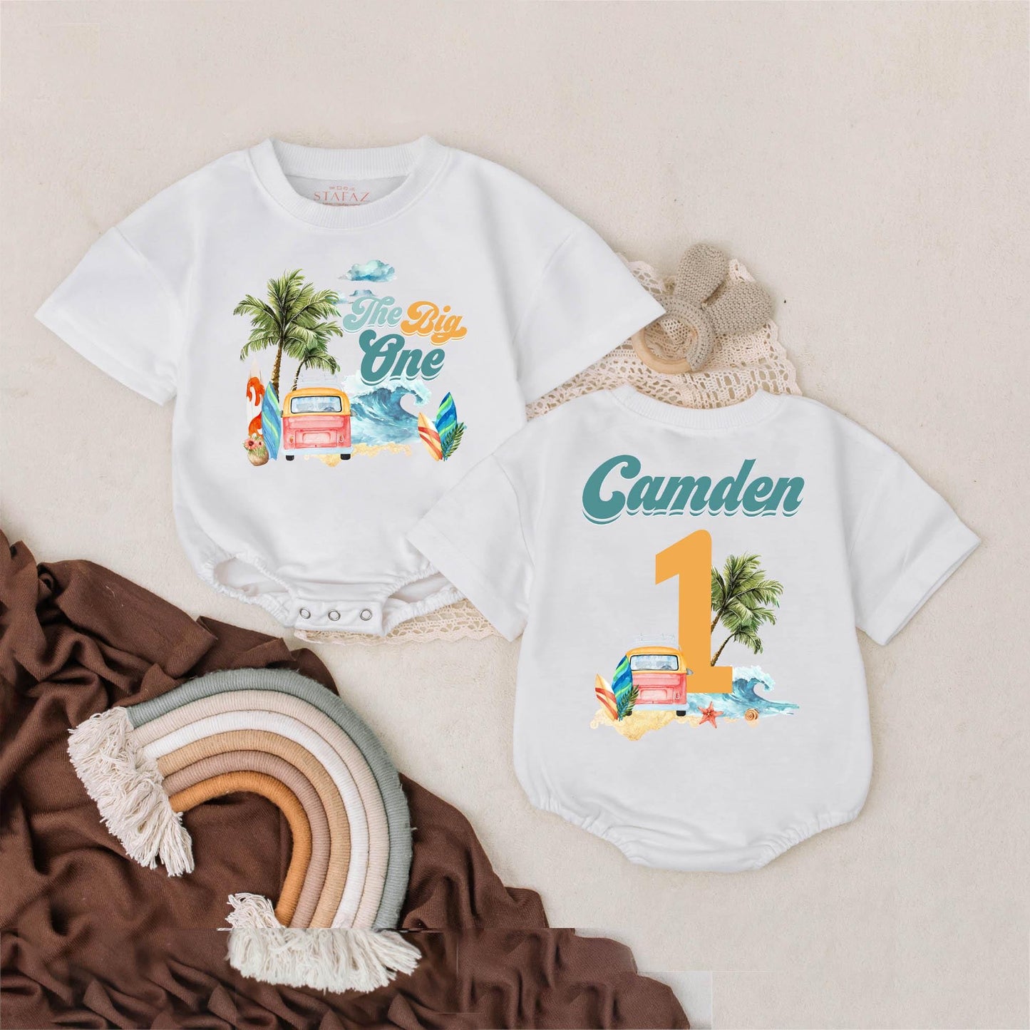 The Big One First Birthday Bubble Romper Surf Beach Theme Baby Outfit Custom Name Summer Milestone Clothes 2Sided