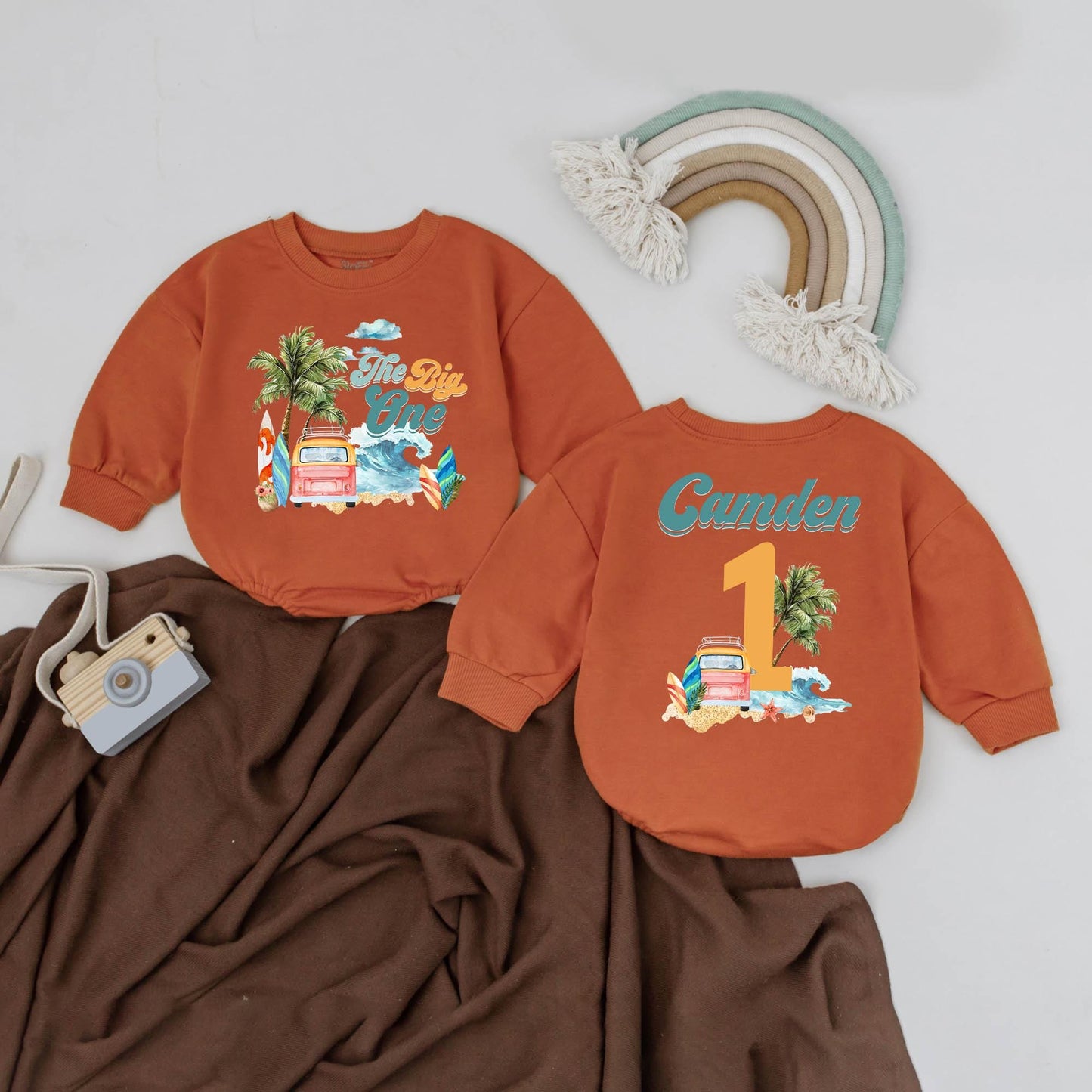 The Big One First Birthday Bubble Romper Surf Beach Theme Baby Outfit Custom Name Summer Milestone Clothes 2Sided