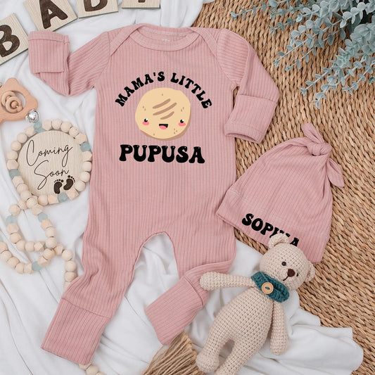 Funny Mama's Little Pupusa Baby Bodysuit, a cute Hispanic newborn outfit ideal for baby shower gifts, new mom surprises, and pregnancy announcements.