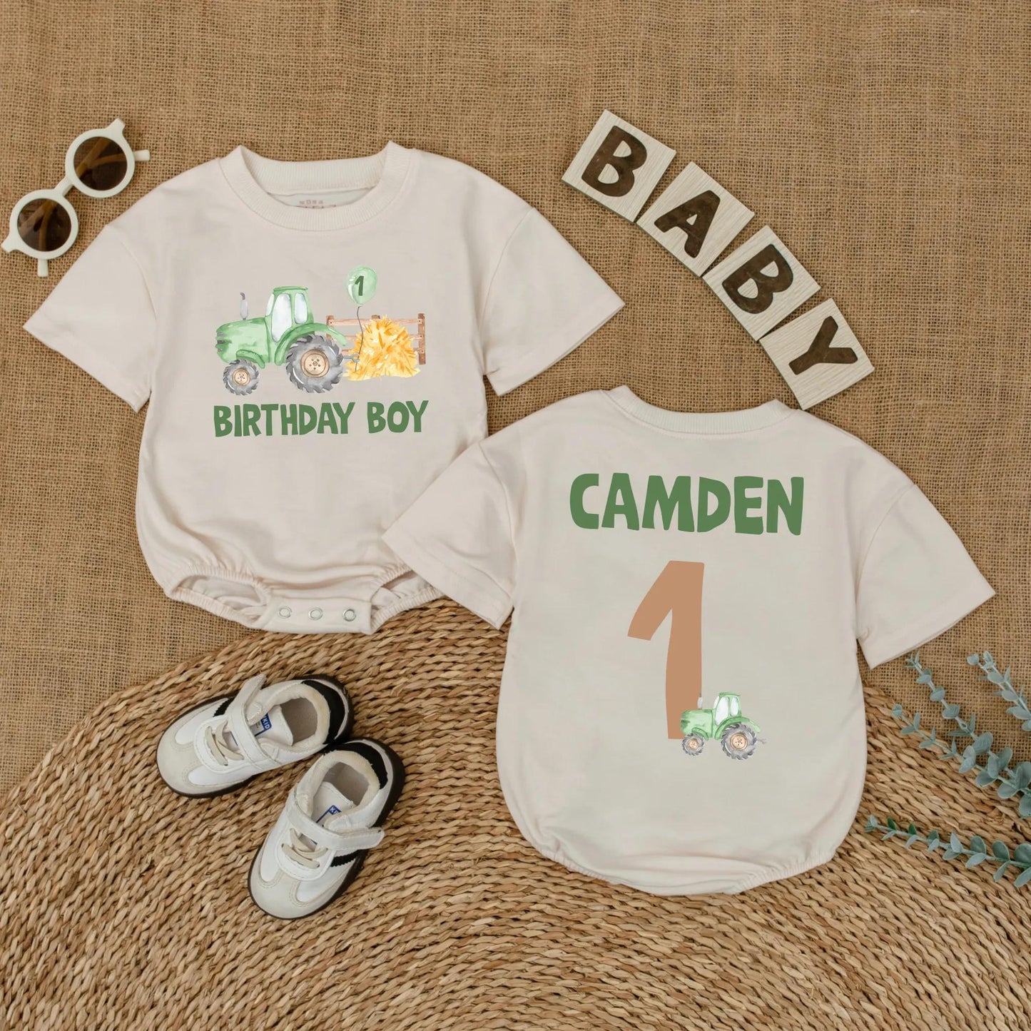 Personalized Green Tractor 1st Birthday Baby Romper Boy Outfit Farm Theme Gift, Custom Name on 1 Year Old Shirt, Party Clothes