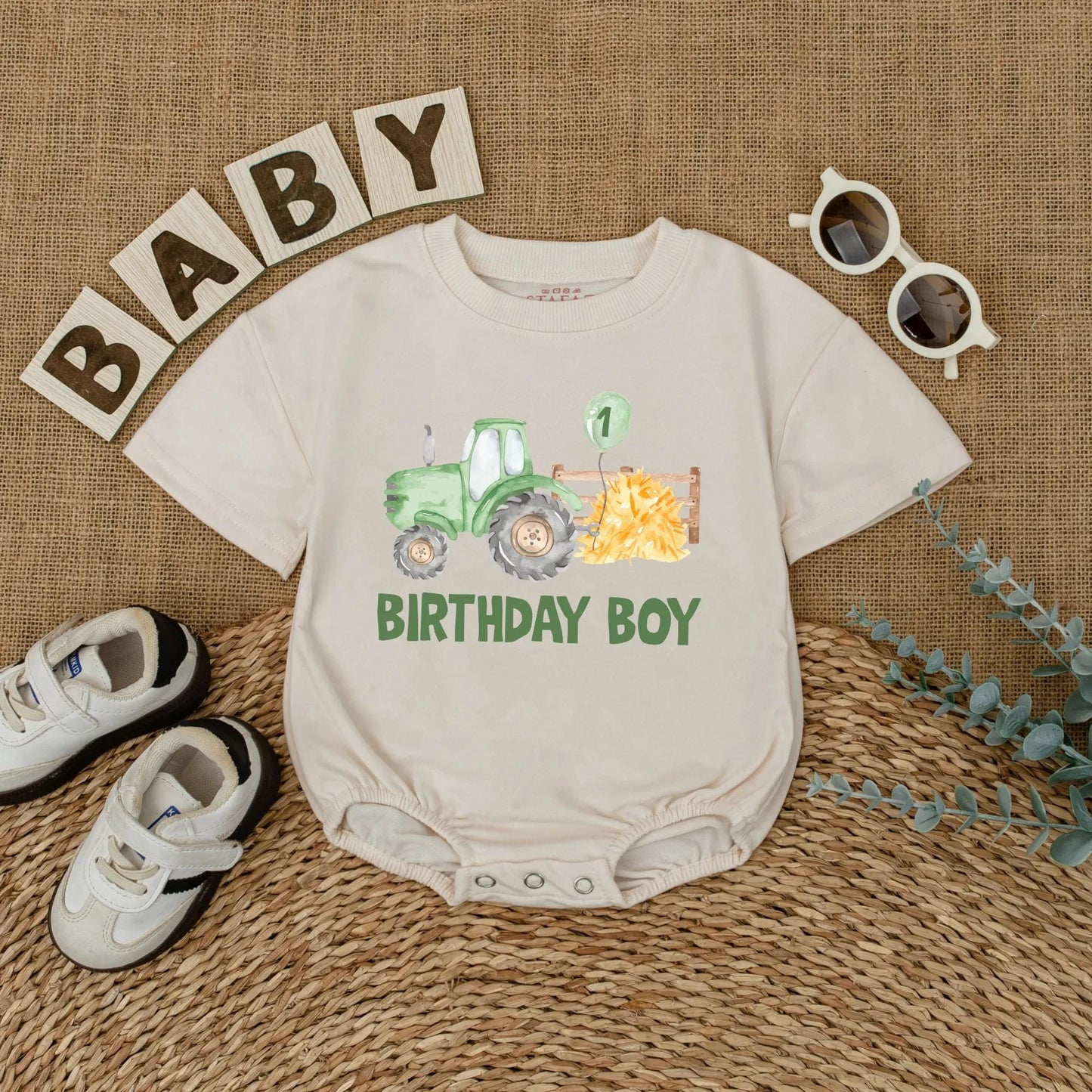 Personalized Green Tractor 1st Birthday Baby Romper Boy Outfit Farm Theme Gift, Custom Name on 1 Year Old Shirt, Party Clothes