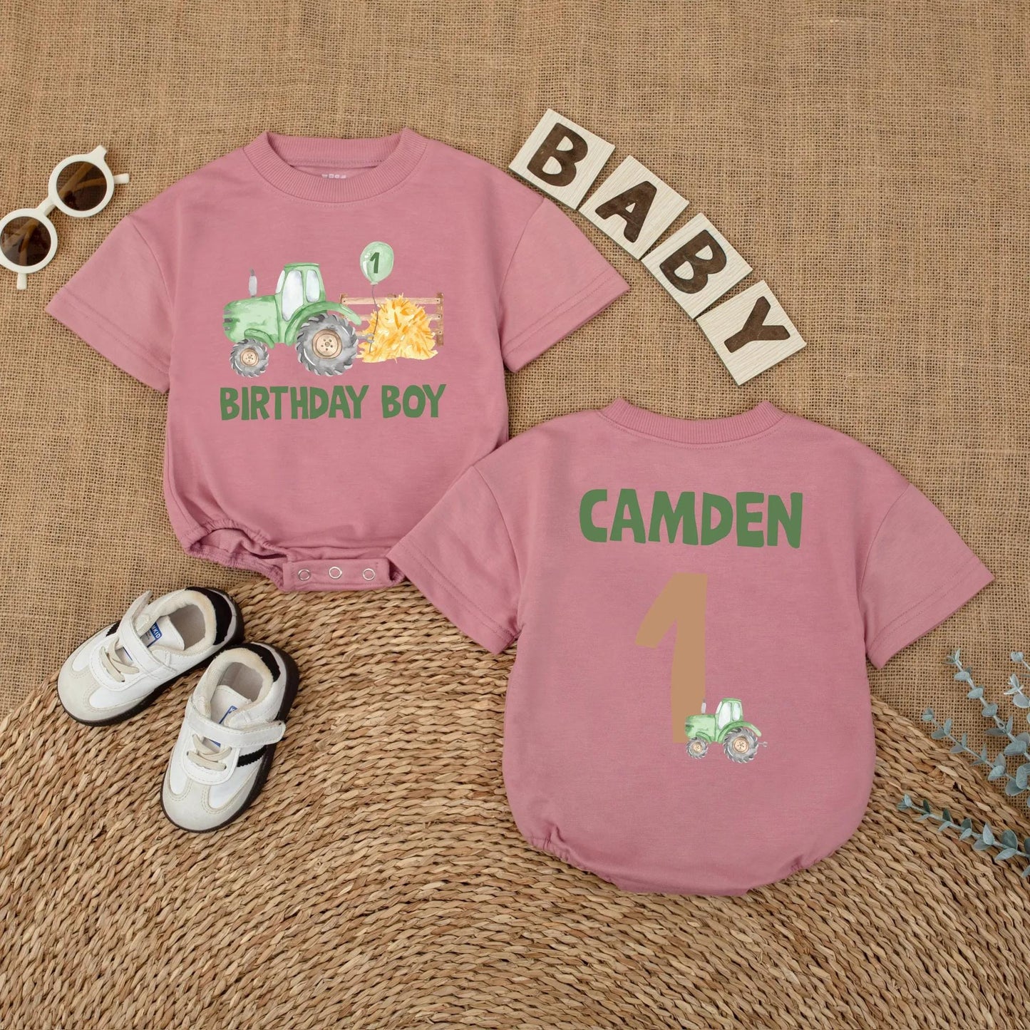 Personalized Green Tractor 1st Birthday Baby Romper Boy Outfit Farm Theme Gift, Custom Name on 1 Year Old Shirt, Party Clothes