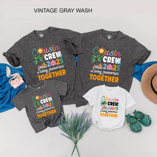 Cousin Crew 2025 Matching Family Vacation Shirts, Living Memories Together Tee, Fun Beach Trip Tops, Summer Reunion Outfit, Peach Seashell Design