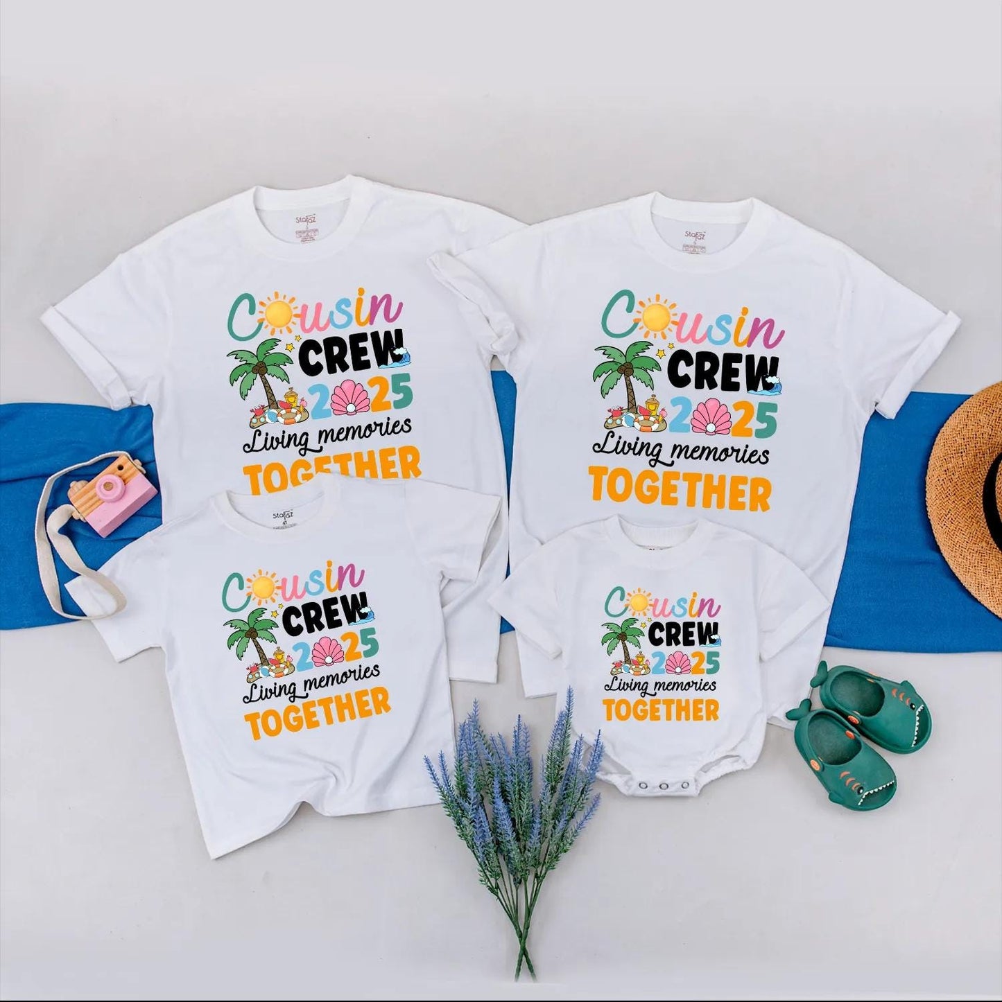 Cousin Crew 2025 Matching Family Vacation Shirts, Living Memories Together Tee, Fun Beach Trip Tops, Summer Reunion Outfit, Peach Seashell Design