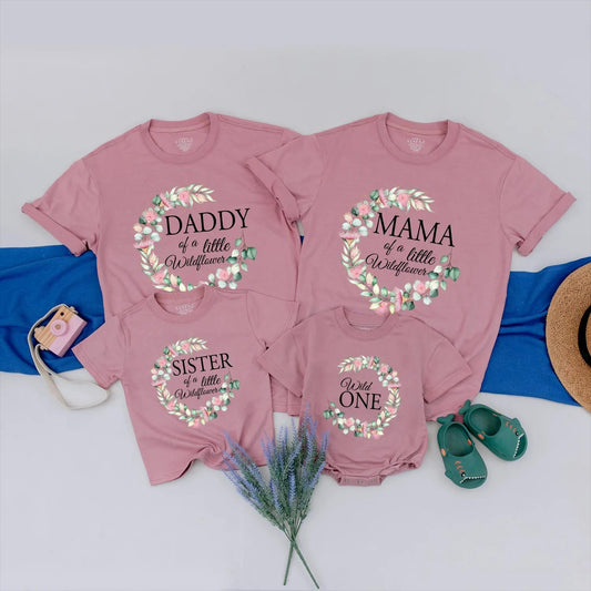 Matching Wildflower Family Birthday Shirts, Personalized Boho Floral Set for Baby Girl, Wild One Outfit, 1st Birthday Gift, Soft Pink & Green