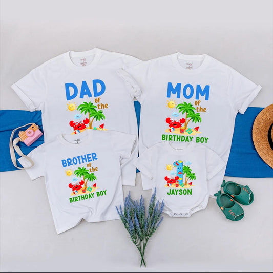 Beach Birthday Family Matching Shirts Crab and Beach Ball Summer Party Outfits Custom Gift for 1st Birthday Boy