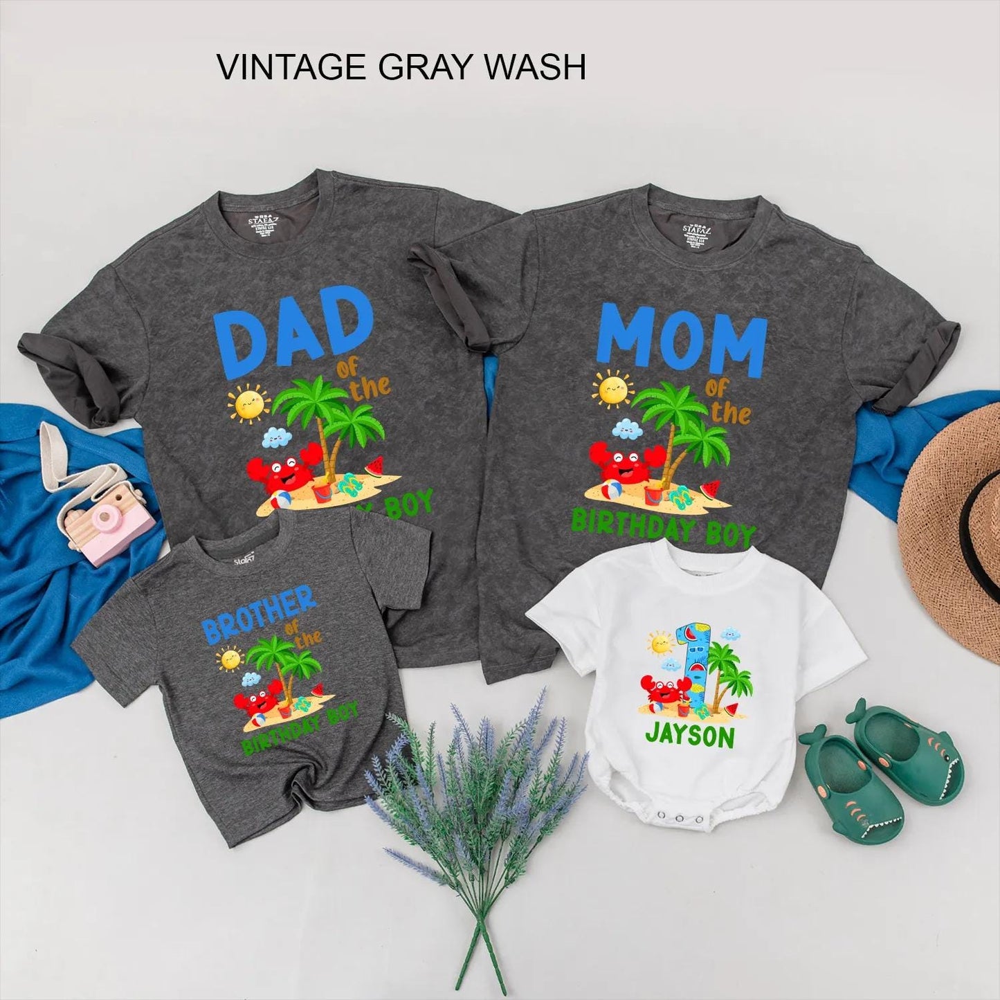 Beach Birthday Family Matching Shirts Crab and Beach Ball Summer Party Outfits Custom Gift for 1st Birthday Boy