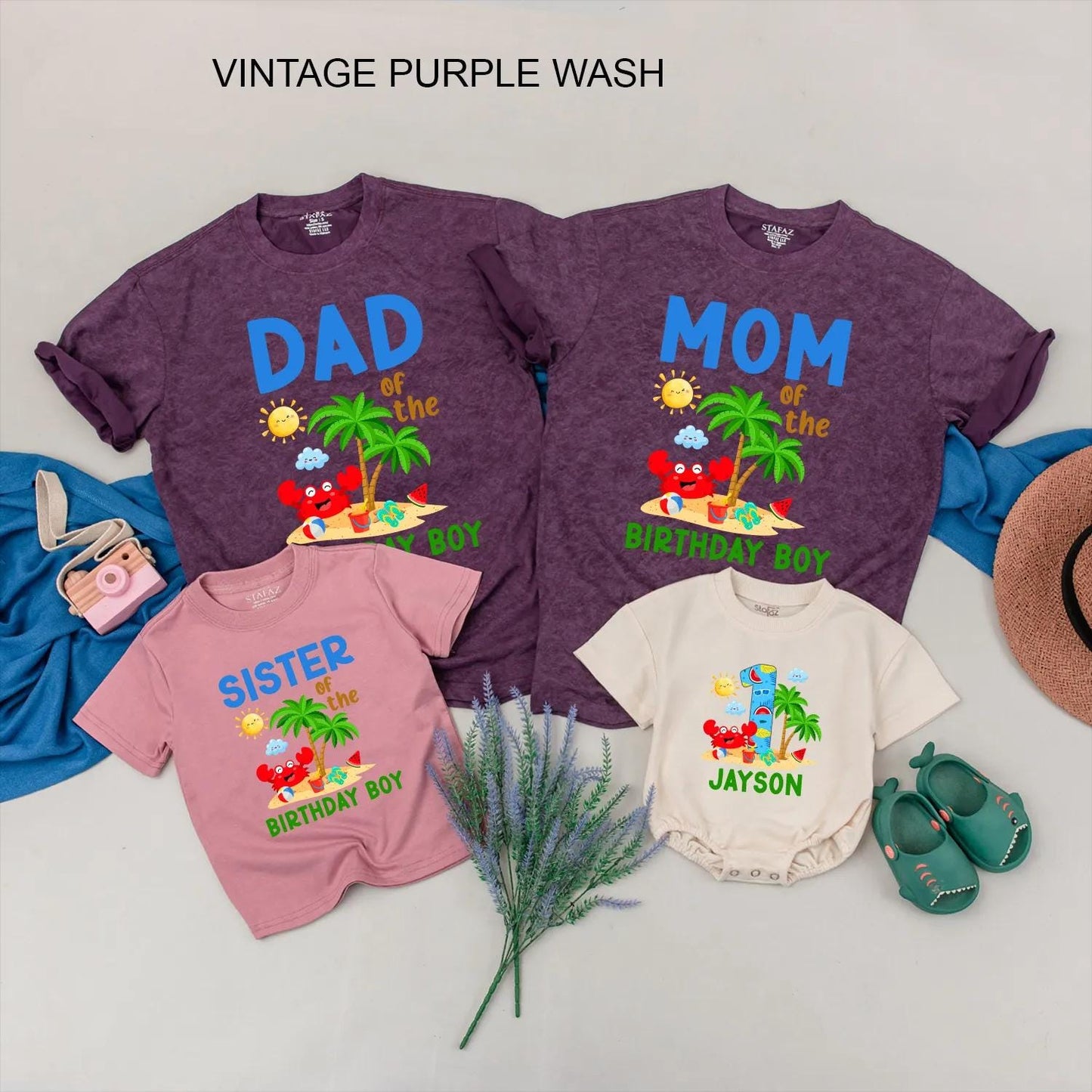 Beach Birthday Family Matching Shirts Crab and Beach Ball Summer Party Outfits Custom Gift for 1st Birthday Boy