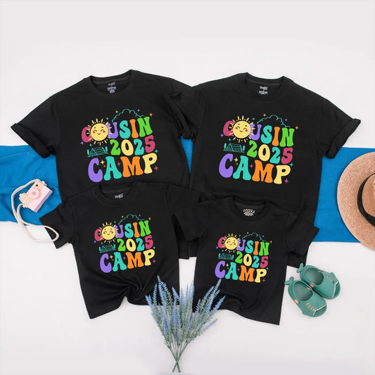 Cousin Camp 2025 Matching Family Shirts: Colorful Reunion Tees with Sun & Tent Graphics! Fun Summer Trip Outfits for Boys, Girls, & Babies