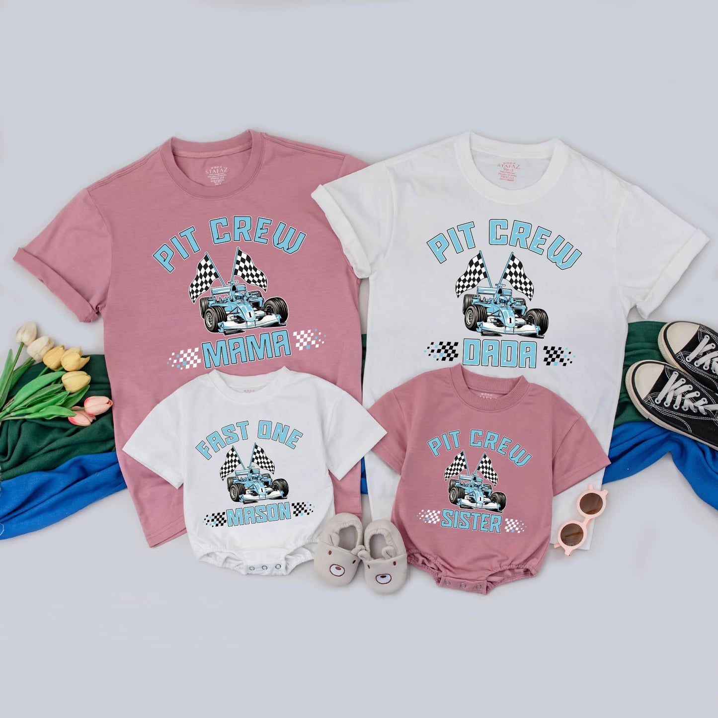 Fast One Birthday Pit Crew Family Matching T-Shirts Custom Race Car 1st Birthday Boy Outfit Mom Dad Baby Racer Apparel