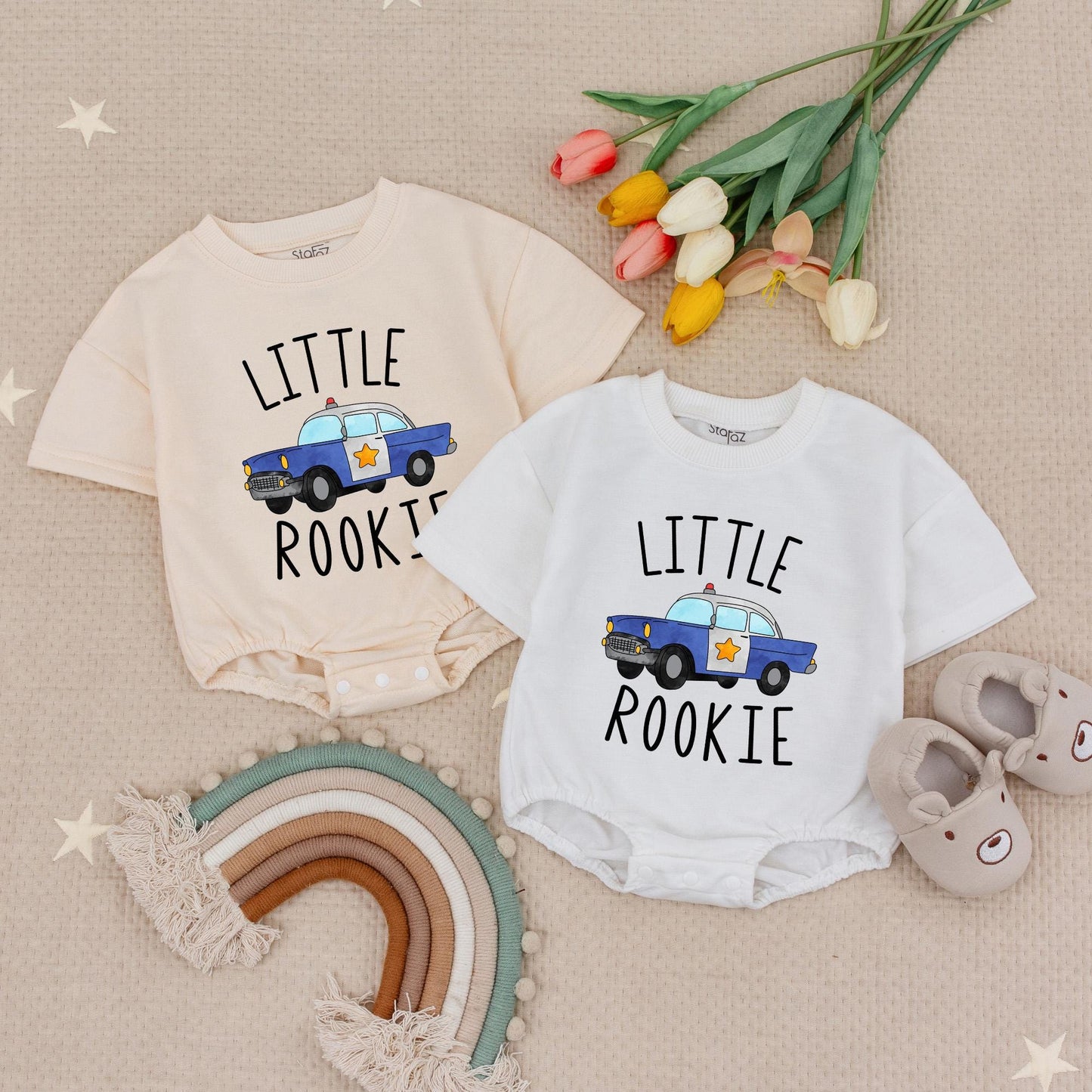 Little Rookie Police Car Baby Romper: Future Law Enforcement, Adorable Policeman Bodysuit for Baby Shower Gift, Comfortable Cotton, Blue & White, Red Siren (139 chars)