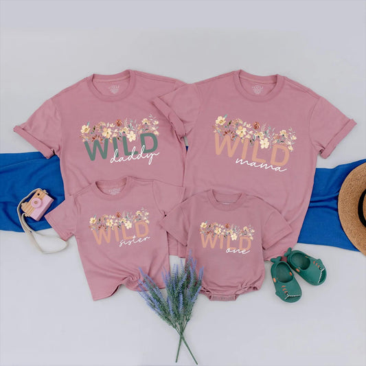 Custom Boho Wildflower Family Matching Birthday Shirts Cute Floral Design for Mama Daddy Sister Baby One Year Celebration Soft Cotton